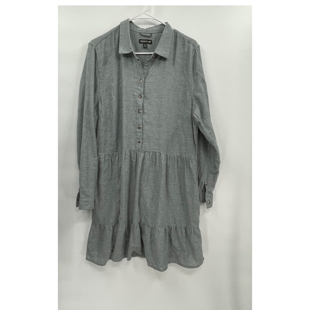 Toad&Co XL Shirt Dress W Grey /blue Herringbone Tiered Long Sleeve Cotton Blend